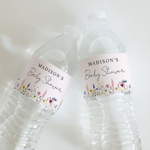 Elegant äng med vilda blommor Rosa baby shower Vattenflaskor Etikett