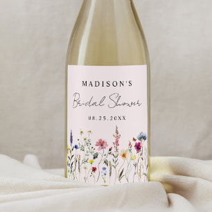 Elegant äng med vilda blommor Rosa bröllopsdusch Vinflaska Etikett