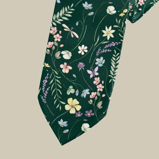 Elegant äng med vilda blommor smaragdgrön  slips (Skapare uppladdad)