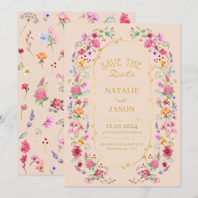 Elegant äng med vilda blommor vårbröllopsträdgård spara datumet (Fram/baksida)