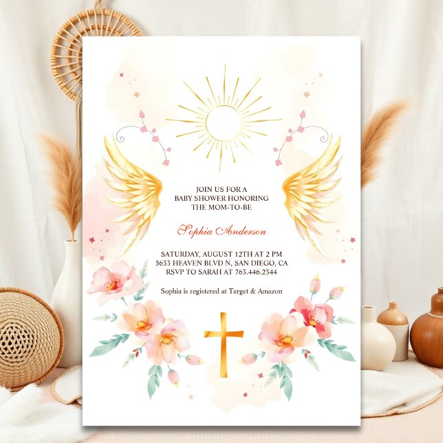 Elegant Angel Vingar Christian Kor Baby Shower Inbjudningar (Elegant Angel Wings Christian Cross Baby Shower Invitation)