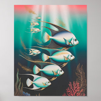 Elegant ängelfisk som simmar i djuphavet poster
