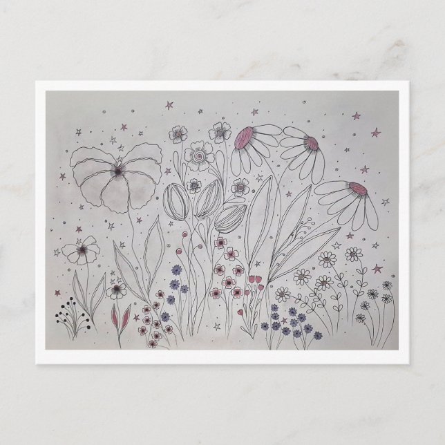 Elegant ängslinje konst med vilda blommor helg vykort (Framsida)
