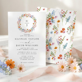 Elegant ängsmonogram bröllop med vilda blommor inbjudningar
