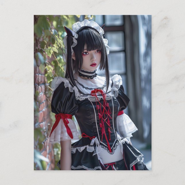 Elegant anime-städerska med kattöron vykort (Framsida)