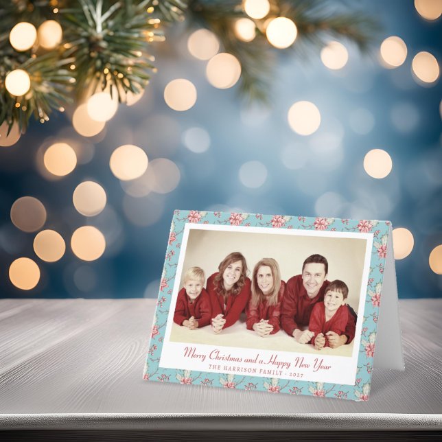 Elegant Anka Egg Blue Holly-julfoto Helgkort (elegant duck egg holly personalised Christmas photo card )