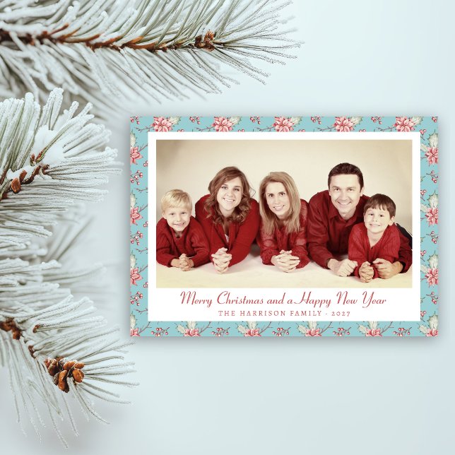 Elegant Anka Egg Blue Holly Photo Julkort (elegat duck egg blue holly photo holiday card)