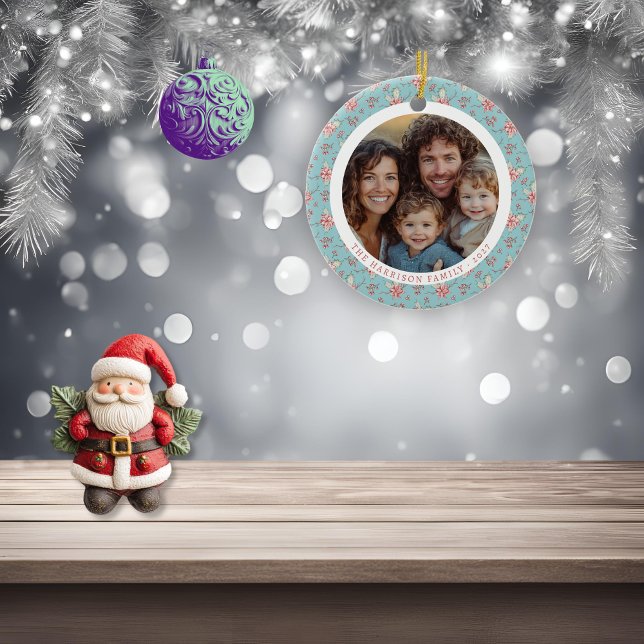 Elegant Anka Egg Holly-julfoto Julgransprydnad Keramik (elegant duck egg blue holly photo hanging decoration)