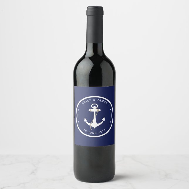 Elegant Ankar Navy & White Marin Bröllop  Vinflaska Etikett (Framsida)
