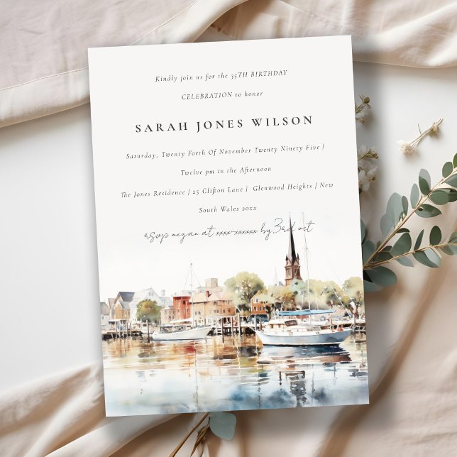 Elegant Annapolis Maryland Watercolor Birthday Inbjudningar (Skapare uppladdad)