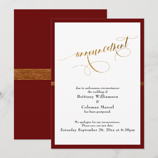 Elegant Annonsering Burgundy & Guld Randig Kort (Fram/baksida)