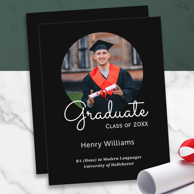 Elegant Anpassad Foto Examen Meddelande Vykort (A graduation announcement card, to customize with a photo and text)