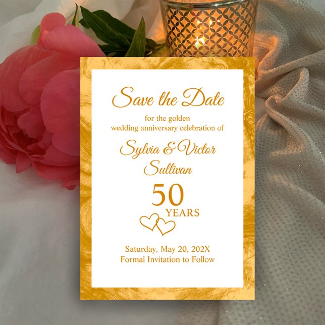 Elegant anpassad gul 50-årsjubileumsfest spara datumet (Customize this save the date invitation for the perfect golden elegant 50th wedding anniversary card)