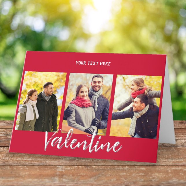 Elegant Anpassad Text 3 Bilder Galleri Alla hjärta Helgkort (A romantic red Valentine's card, personalized with 3 photos and your own text)