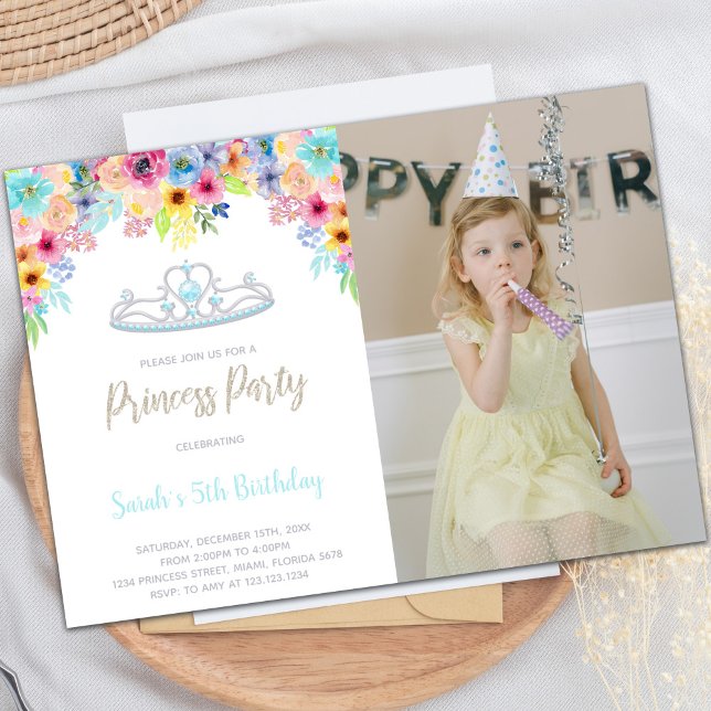 Elegant Anpassade Princess Party Investigations Inbjudningar (Crown Floral Princess Birthday Invitations w photo)