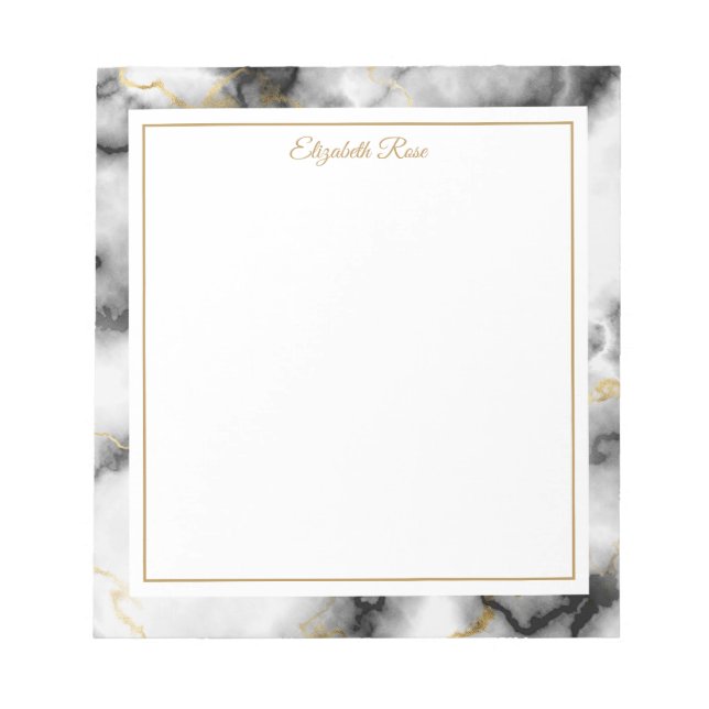Elegant anpassat namn svart vit guld marmor  anteckningsblock (Framsida)