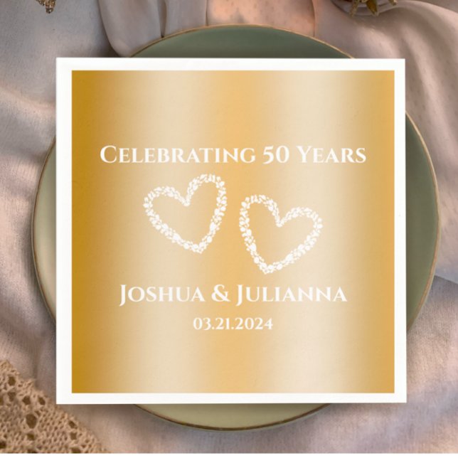 Elegant Anpassningsbar Faux Guld 50:e Bröllop-årsd Pappersservett (Custom text faux gold gradient 50th wedding anniversary party .napkins, stylish hearts personalized
)