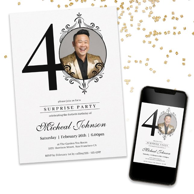 Elegant Anpassningsbar Foto 40:e födelsedagsöverra Inbjudningar (Elegant Custom Photo 40th Birthday Surprise Party Invitation)