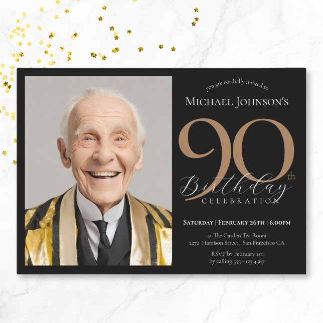 Elegant Anpassningsbar Foto Black Guld 90:e Birthd Inbjudningar (Elegant Custom Photo Black Gold 90th Birthday Invitation)