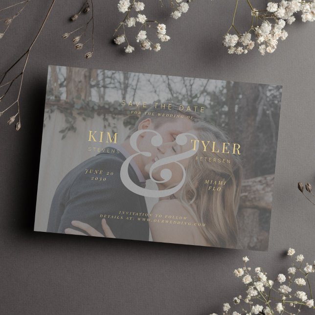 Elegant anpassningsbar fotofaux vellum modern bröl spara datumet (Skapare uppladdad)