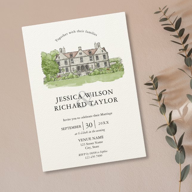 Elegant Anpassningsbar Hand plockade Venue Manor I Inbjudningar (hand drawn wedding venue invitation)