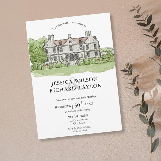 Elegant Anpassningsbar Hand plockade Venue Manor I Inbjudningar (hand drawn wedding venue invitation)