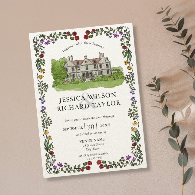 Elegant Anpassningsbar Hand plockade Venue Manor I Inbjudningar (illustrated wedding mansion venue with floral frame, wedding invitation)
