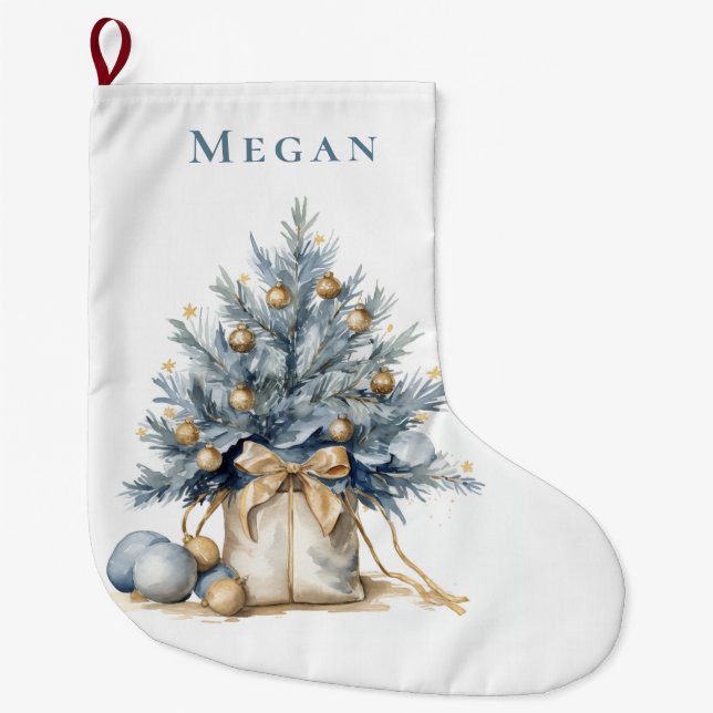 Elegant Anpassningsbar Julgran Guld, blå vattenfär Stor Julstrumpa (Framsidan)