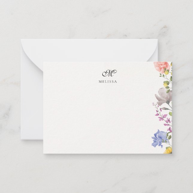 Elegant Anpassningsbar Namn Och Initial Blomma  Anteckningskort (Framsida)