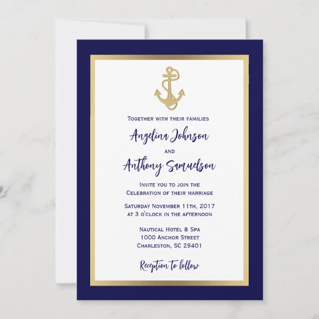 Elegant Anpassningsbar Navy Blue Guld Nautical Brö Inbjudningar (Framsida)