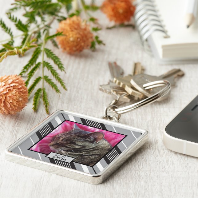 Elegant anpassningsbar, nyckelkedja för kattfoto m fyrkantig silverfärgad nyckelring (Sidan)