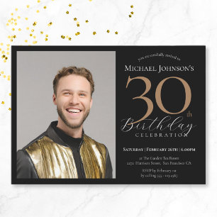 Elegant Anpassningsbar Photo Black Guld 30års föde Inbjudningar