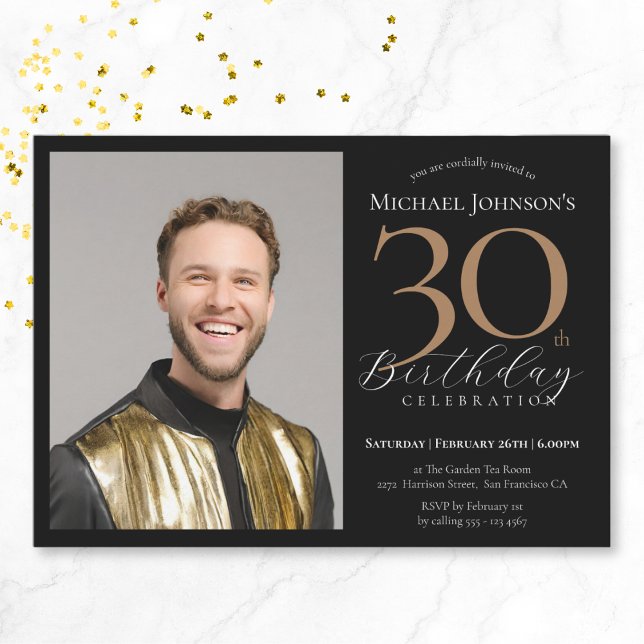 Elegant Anpassningsbar Photo Black Guld 30års föde Inbjudningar (Elegant Custom Photo Black Gold 30th Birthday Invitation)