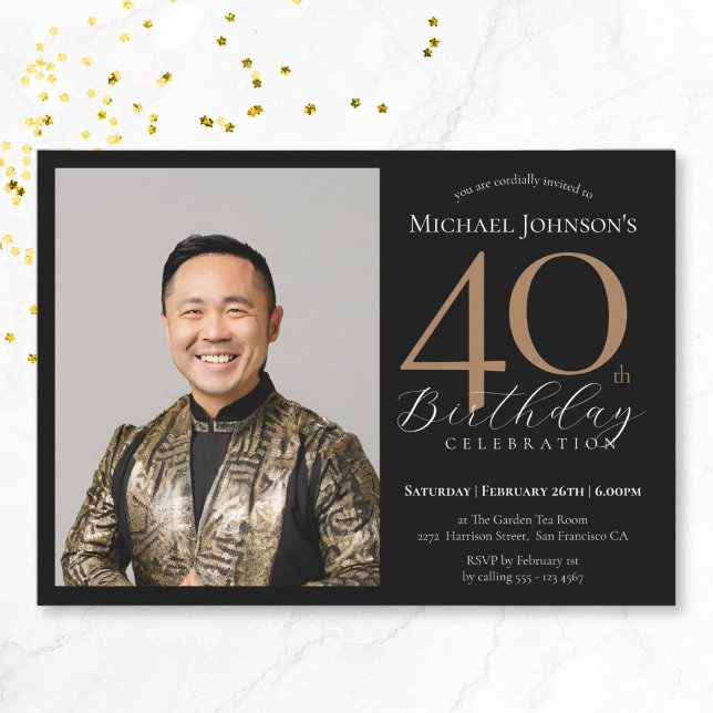 Elegant Anpassningsbar Photo Black Guld 40:e födel Inbjudningar (Elegant Custom Photo Black Gold 40th Birthday Invitation)