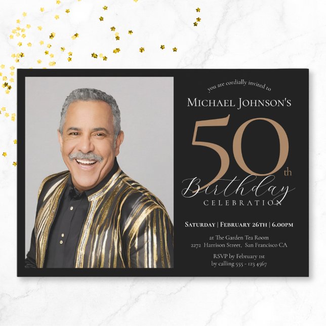 Elegant Anpassningsbar Photo Black Guld 50:e födel Inbjudningar (Elegant Custom Photo Black Gold 50th Birthday Invitation)