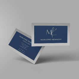 Elegant Anpassningsbar Silver Monogram marinblått Visitkort