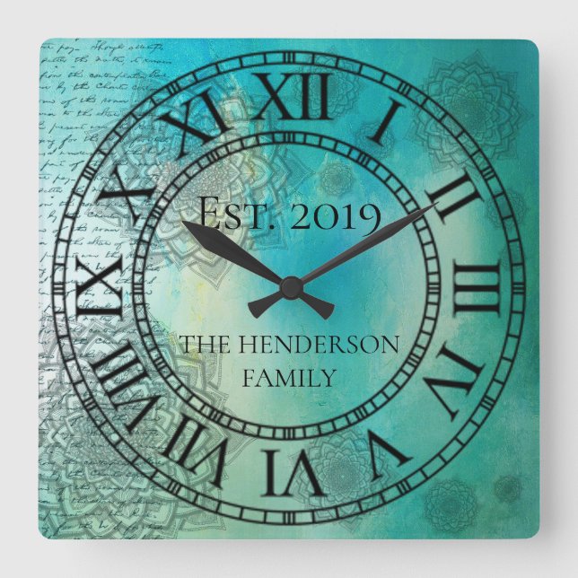 Elegant Anpassningsbar Teal Blue Mandela Fyrkantig Klocka (Framsida)