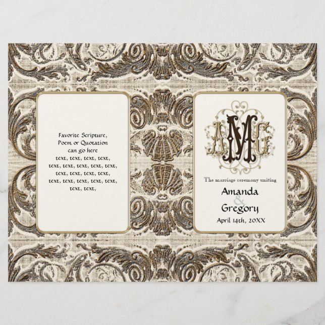 Elegant Anqued Guld Baroque, Bröllopsprogram (Framsida)