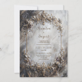 Elegant Antik Silver Guld Barock Marmor Bröllop Inbjudningar