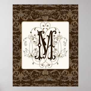 Elegant Antikroppad Guld Baroque Monogrammed Wall  Poster