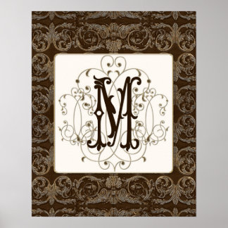 Elegant Antikroppad Guld Baroque Monogrammed Wall Poster