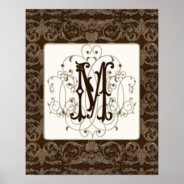 Elegant Antikroppad Guld Baroque Monogrammed Wall  Poster (Framsidan)