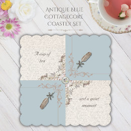 Elegant Antique Blue Floral Quill Cottagecore Underlägg Papper