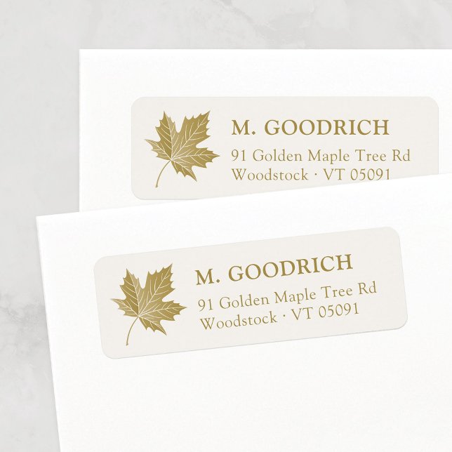 Elegant Antique Guld Maple Löv. Returadress Etikett (Elegant Stylish Gold Cream Maple Leaf Return Adress Label Template for Autumn, Fall, Thanksgiving.)