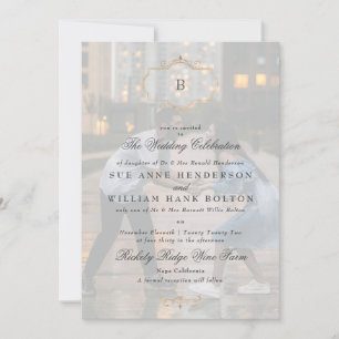 elegant antique guld monogram foto bröllop inbjudningar