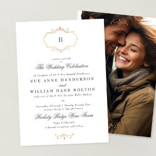 elegant antique guld monogram foto bröllop inbjudningar