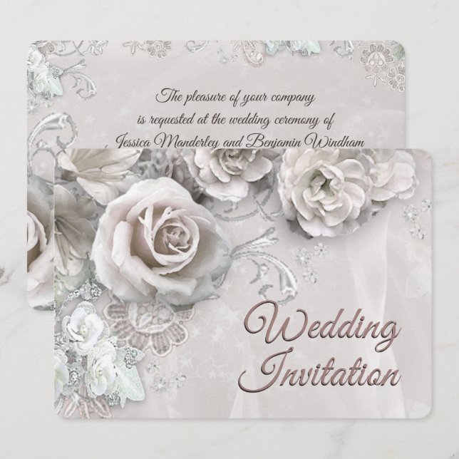 Elegant Antique Vit ros bröllopsinbjudan Inbjudningar (Fram/baksida)