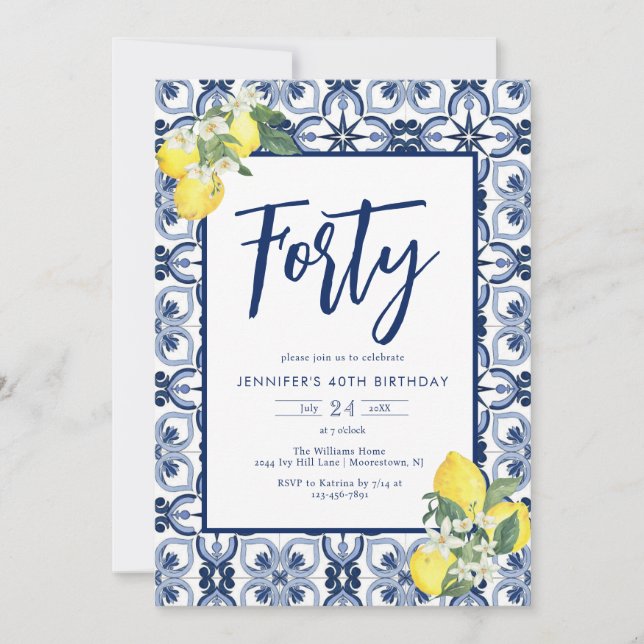Elegant Any Year Lemon Mediterranean Tile Birthday Inbjudningar (Framsida)