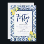 Elegant Any Year Lemon Mediterranean Tile Birthday Inbjudningar<br><div class="desc">This elegant adult birthday invitation has a Mediterranean lemon theme. The border is a watercolor blue and white classic Mediterranean tile with watercolor lemon and floral bouquets. It's text is whimsical and classic at the same time.</div>