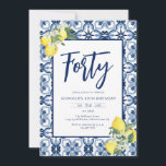 Elegant Any Year Lemon Mediterranean Tile Birthday Inbjudningar<br><div class="desc">This elegant adult birthday invitation has a Mediterranean lemon theme. The border is a watercolor blue and white classic Mediterranean tile with watercolor lemon and floral bouquets. It's text is whimsical and classic at the same time.</div>